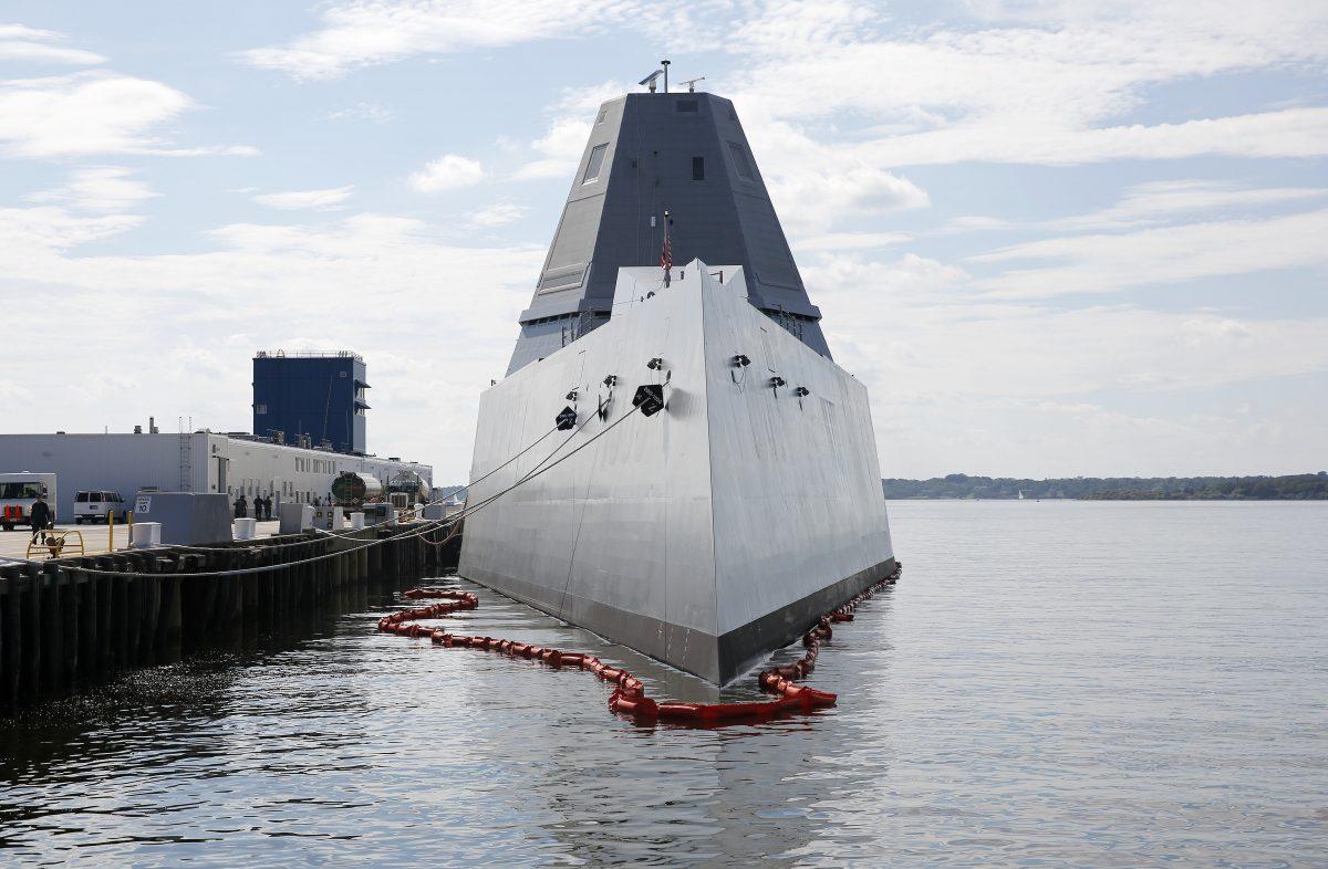 The USS Zumwalt is a 610-foot-long warship with an angular shape to minimize its radar signature. At more than $4.4 billion, it's the most expensive destroyer built for the Navy. Photo taken at the naval station in Newport, R.I., on Sept. 9, 2016. (AP/Michael Dwyer)