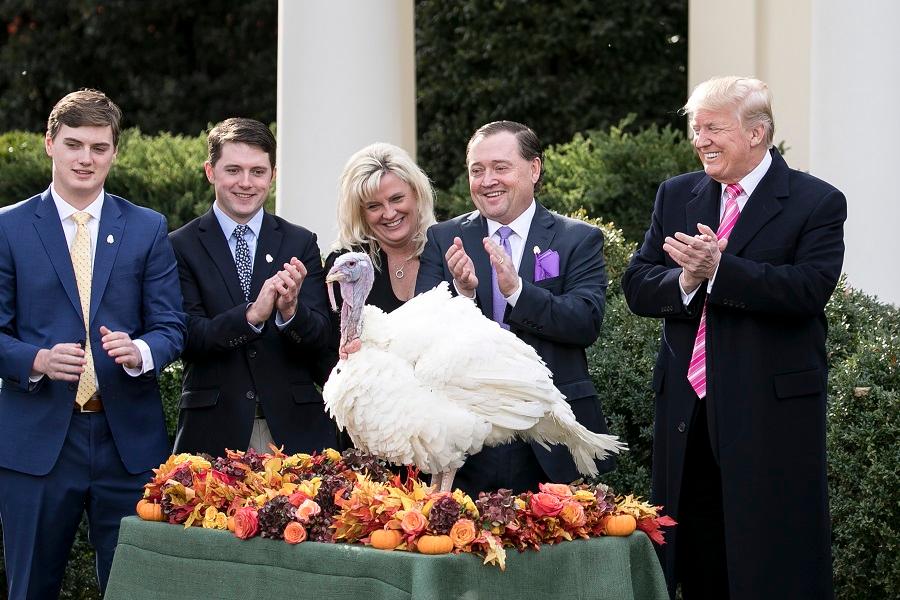 President Donald Trump pardons Drumstick, 36 pounds, at the annual Thanksgiving Presidential Pardon at the White House, on Nov. 21, 2017. (Samira Bouaou/The Epoch Times)