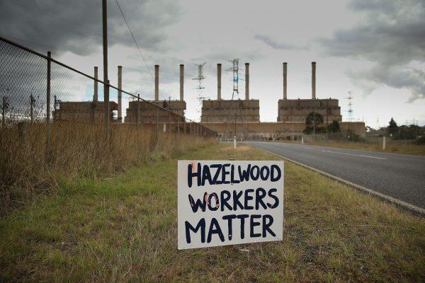 A sign outside the now closed Hazelwood Power Station in the Latrobe Valley in Victoria, Australia on March 31, 2017. (Scott Barbour/Getty Images)