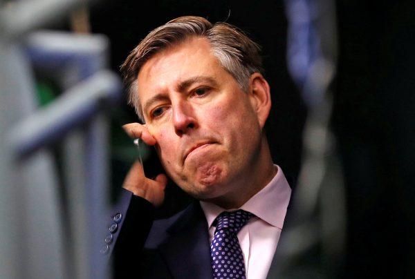 Graham Brady, Chairman of the Conservative Party 1922 Committee, speaks on the telephone after announcing that the Conservative Party will hold a vote of no confidence in the prime minister, in London on Dec. 12, 2018. (Reuters/Phil Noble)