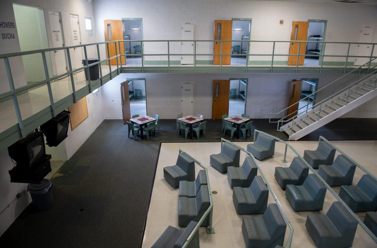 A common area and cell room doors in the Caroline Detention Facility in Bowling Green, Va., on Aug. 13, 2018. A former regional jail, the facility has been contracted by Immigration and Customs Enforcement to house illegal immigrant detainees. (Saul Loeb photo/AFP/Getty Images)