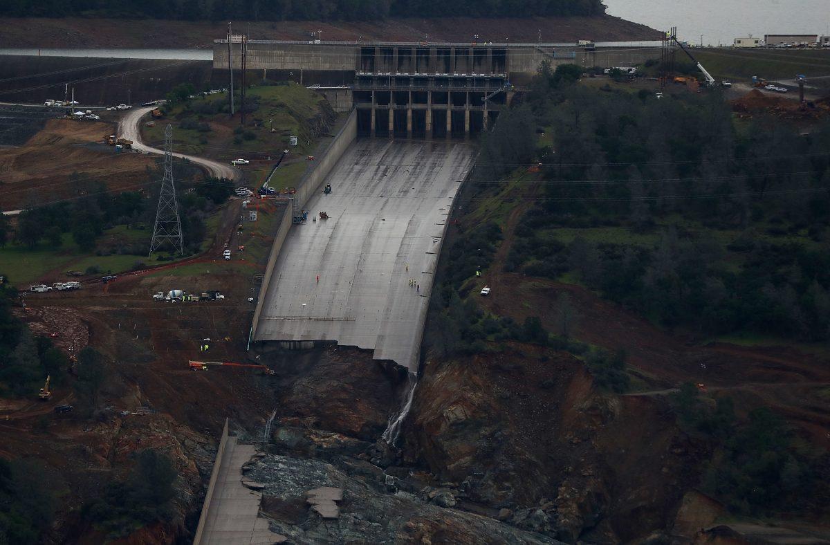 A view of the heavily damaged spillway at Lake Oroville in Oroville, Calif., on April 11, 2017. (Justin Sullivan/Getty Images)