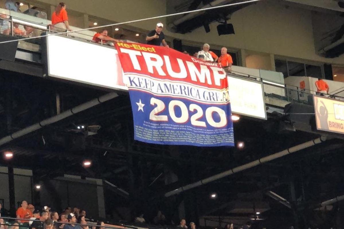 Trump Supporters Display Huge Re-Elect Trump 2020 Banner at Baltimore Orioles Game