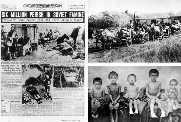 (Left) The Chicago American’s front page depicting the Holodomor, a man-made famine in Soviet Ukraine in 1932 and 1933 that killed millions. (Top) Carts of grain are taken from a collective farm in the village of Oleksiyivka, Ukraine, in 1932, part of the Soviet regime’s policy of deliberately taking away food from the peasants. (Bottom) Emaciated children during the Holodomor. (All Public Domain)