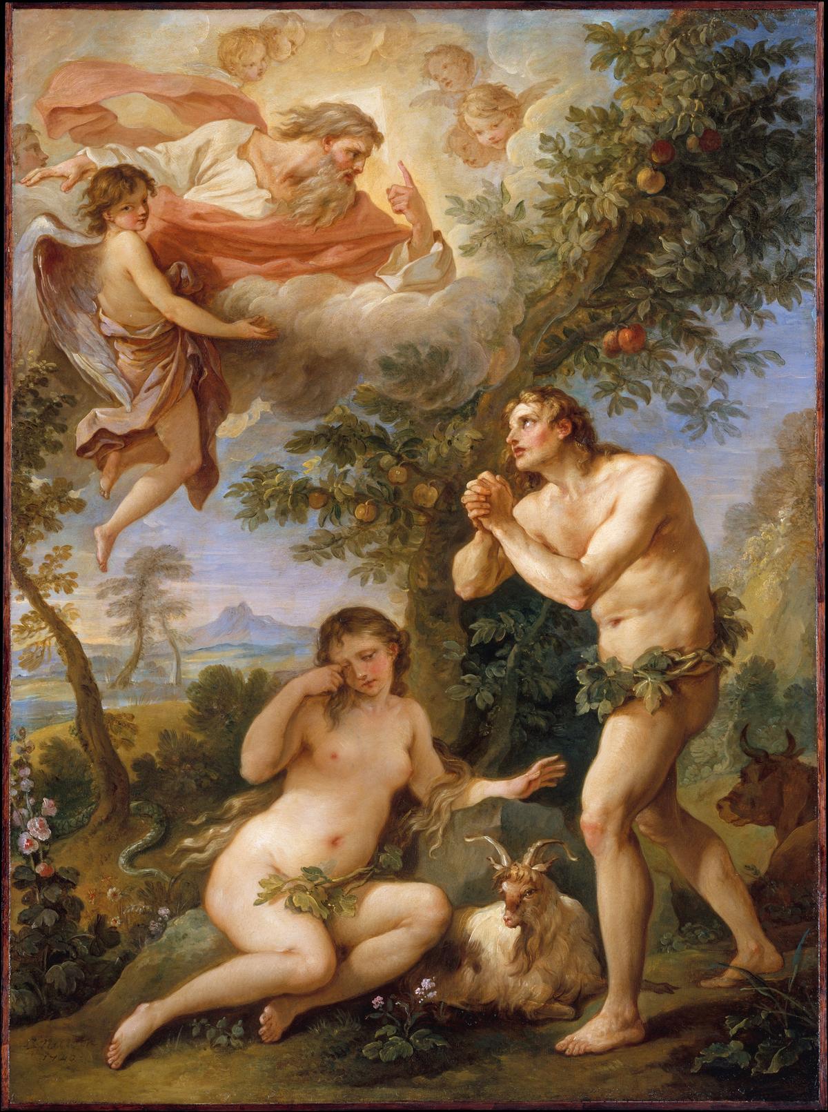 “The Rebuke of Adam and Eve,” 1740, by Charles Joseph Natoire. The Metropolitan Museum of Art. Before God rebukes Adam and Eve, he asks them questions.  (Public Domain)