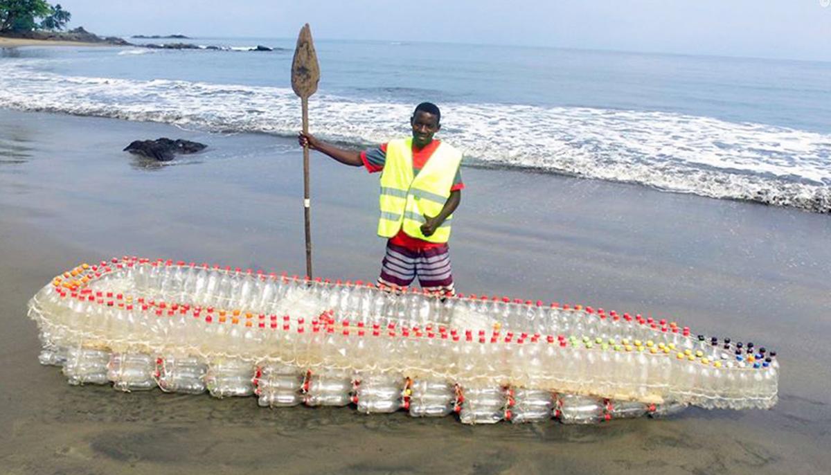 African Local Sees Waste Plastic Bottles Clogging Waterway–So He Uses Them to Make ‘Eco-Boats’