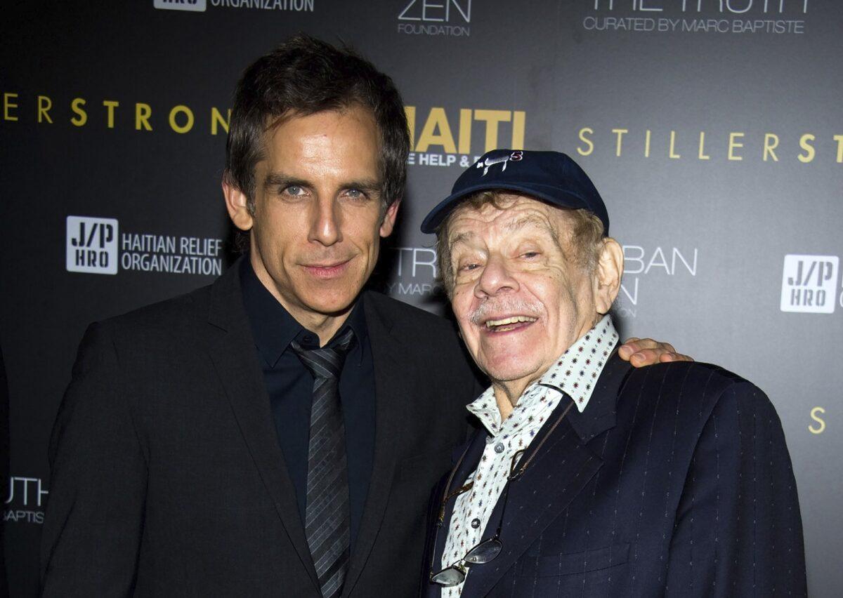 Ben Stiller (L) and his father, Jerry Stiller, arrive at the Help Haiti benefit honoring Sean Penn, hosted by the Stiller Foundation and The J/P Haitian Relief Organization, in New York, on Feb. 11, 2011. (Charles Sykes/AP Photo)
