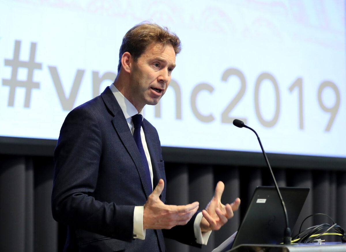 Tobias Ellwood MP speaking during the Veterans' Mental Health Conference at King's College London on March 14, 2019. (Gareth Fuller/WPA Pool/Getty Images)