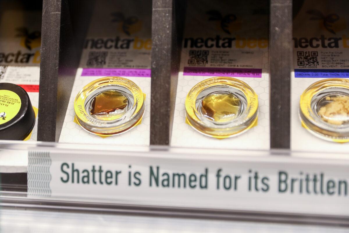 Cannabis concentrates called Shatter for sale at a dispensary in Denver on Sept. 30, 2020. (Charlotte Cuthbertson/The Epoch Times)