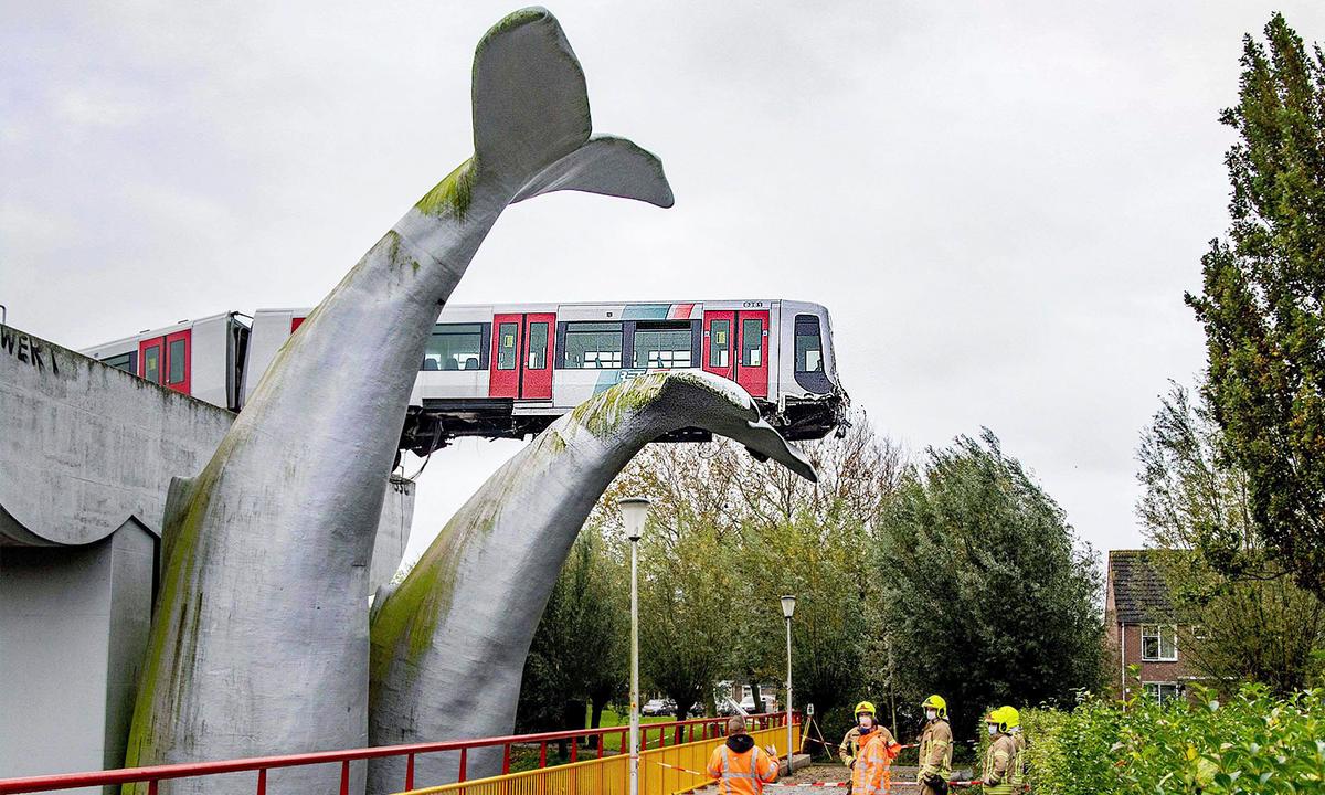 Metro Train Flew Off Raised Railway but Was Saved by Whale Tail Sculpture in Netherlands