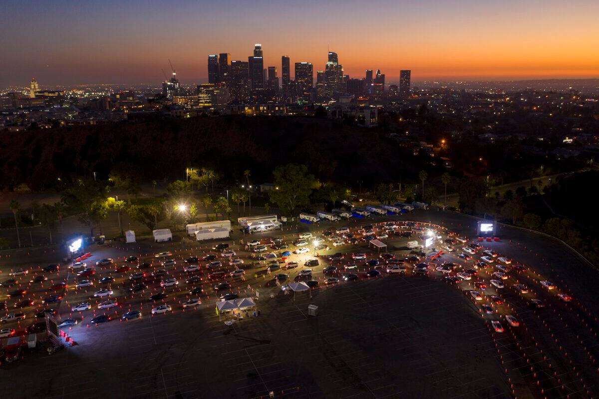 An aerial view shows cars lined up at Dodger Stadium for COVID-19 testing in Los Angeles on Nov. 14, 2020. (David McNew/Getty Images)