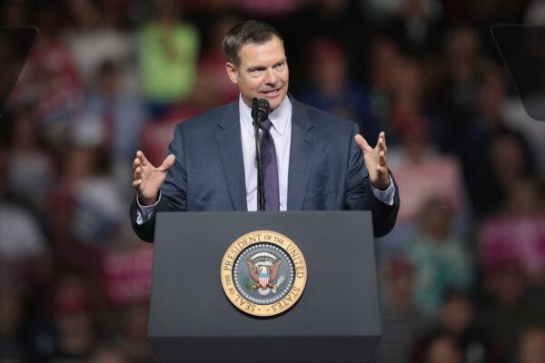 Kansas Attorney General Kris Kobach speaks at a rally in Topeka on Oct. 6, 2018, when he was secretary of state. (Scott Olson/Getty Images)
