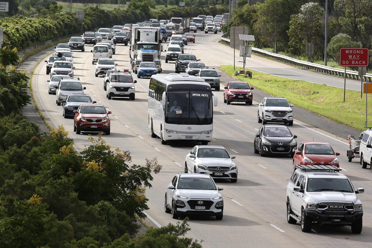 Heavy traffic heads south at Yatala, ahead of the Easter long weekend in Brisbane, Australia on April 1, 2021. (Jono Searle/Getty Images)