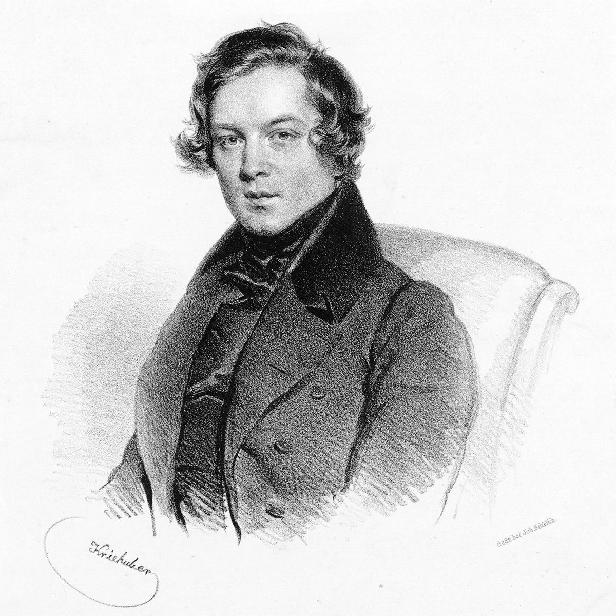 A portrait of Robert Schumann in 1839 in Vienna. Lithograph. (Public Domain)