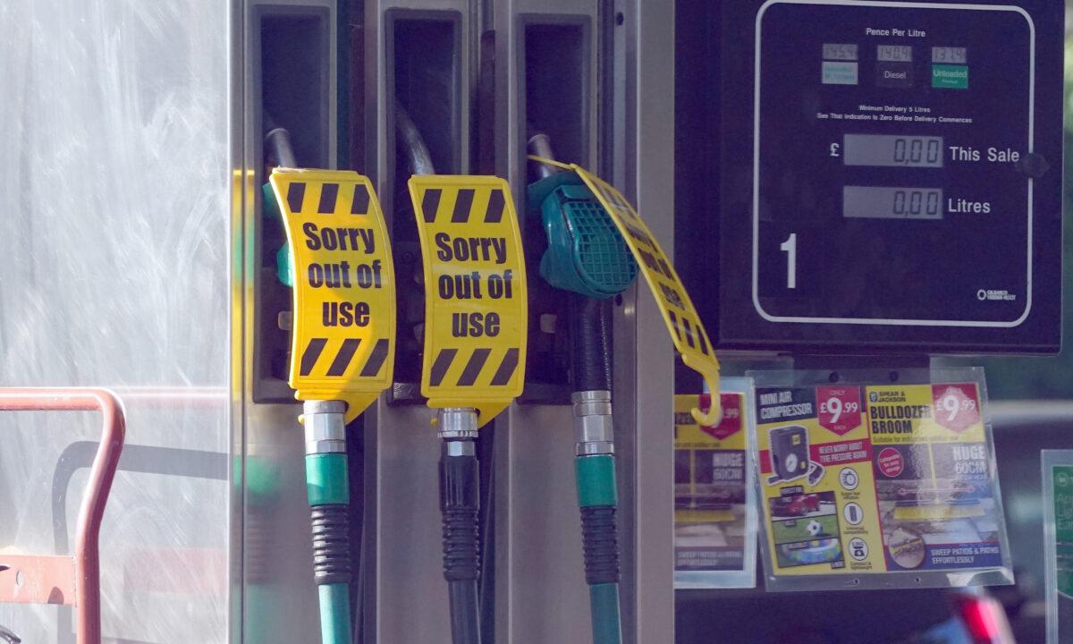 Closed pumps at a gas station in Maidenhead, Berkshire, England, on Sept. 24, 2021. (Jonathan Brady/PA)
