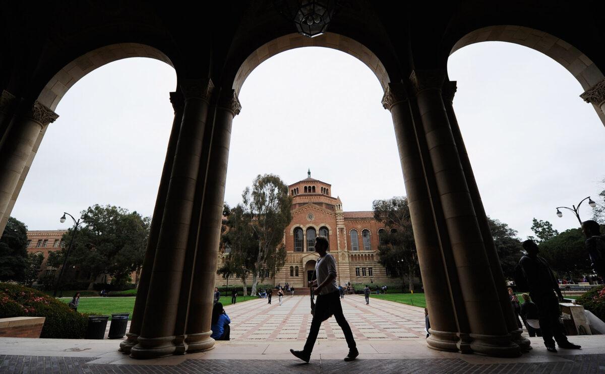 A student walks near Royce Hall on the campus of UCLA in Los Angeles on April 23, 2012. (Kevork Djansezian/Getty Images)