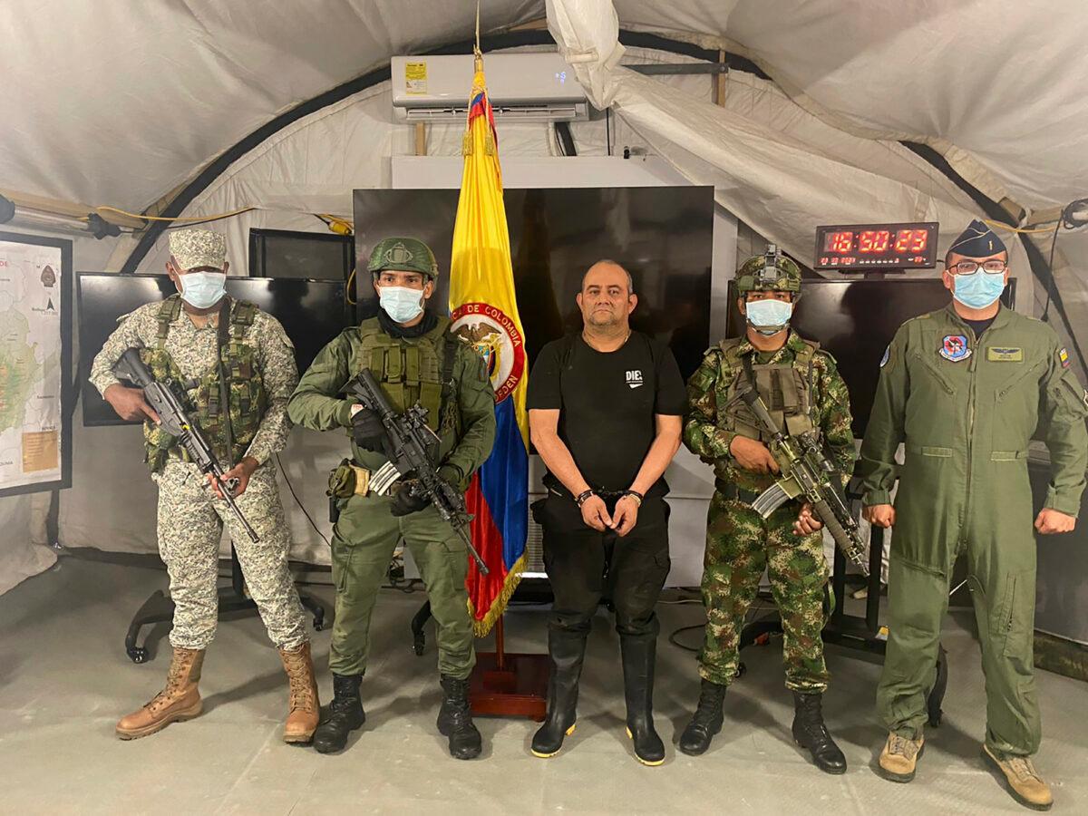 Dairo Antonio Usuga, alias “Otoniel,” leader of the violent Clan del Golfo cartel, is presented to the media at a military base in Necocli, Colombia, on Oct. 23, 2021. (Colombian presidential press office via AP)