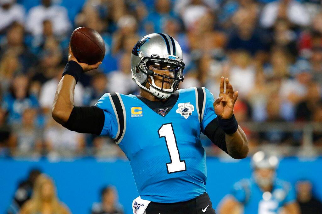 Carolina Panthers quarterback Cam Newton (1) passes against the Tampa Bay Buccaneers during the first half of an NFL football game in Charlotte, N.C., on Sept. 12, 2019. (Brian Blanco/AP Photo)
