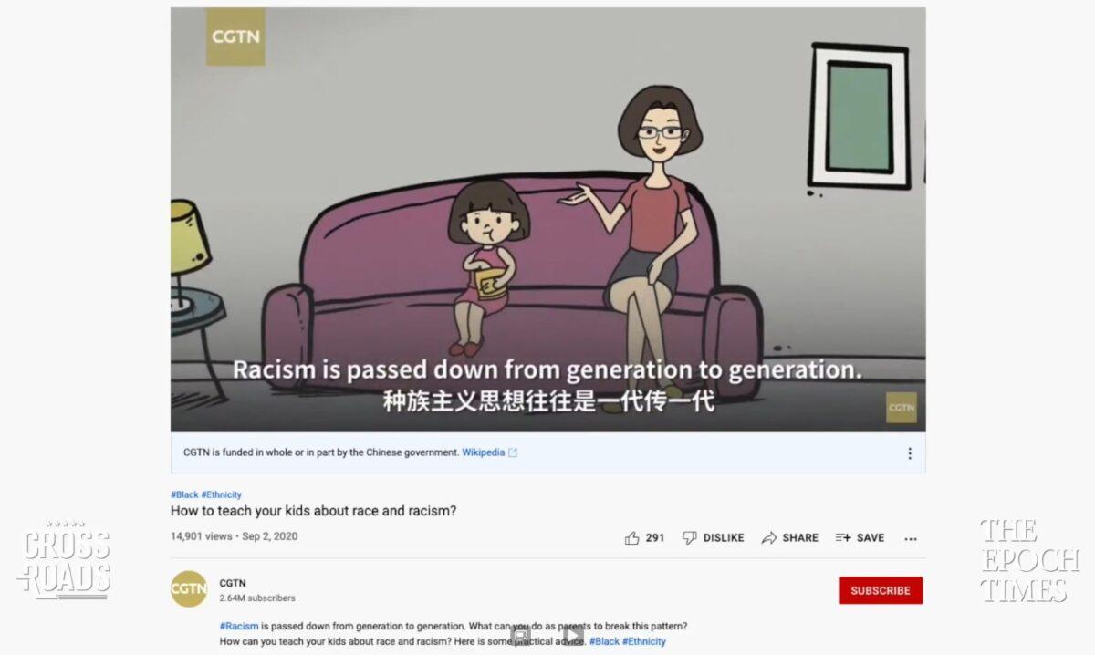 China Global Television Network, a Chinese state-run media outlet, promotes critical race theory in the United States through its programs. (YouTube/Screenshot via The Epoch Times)