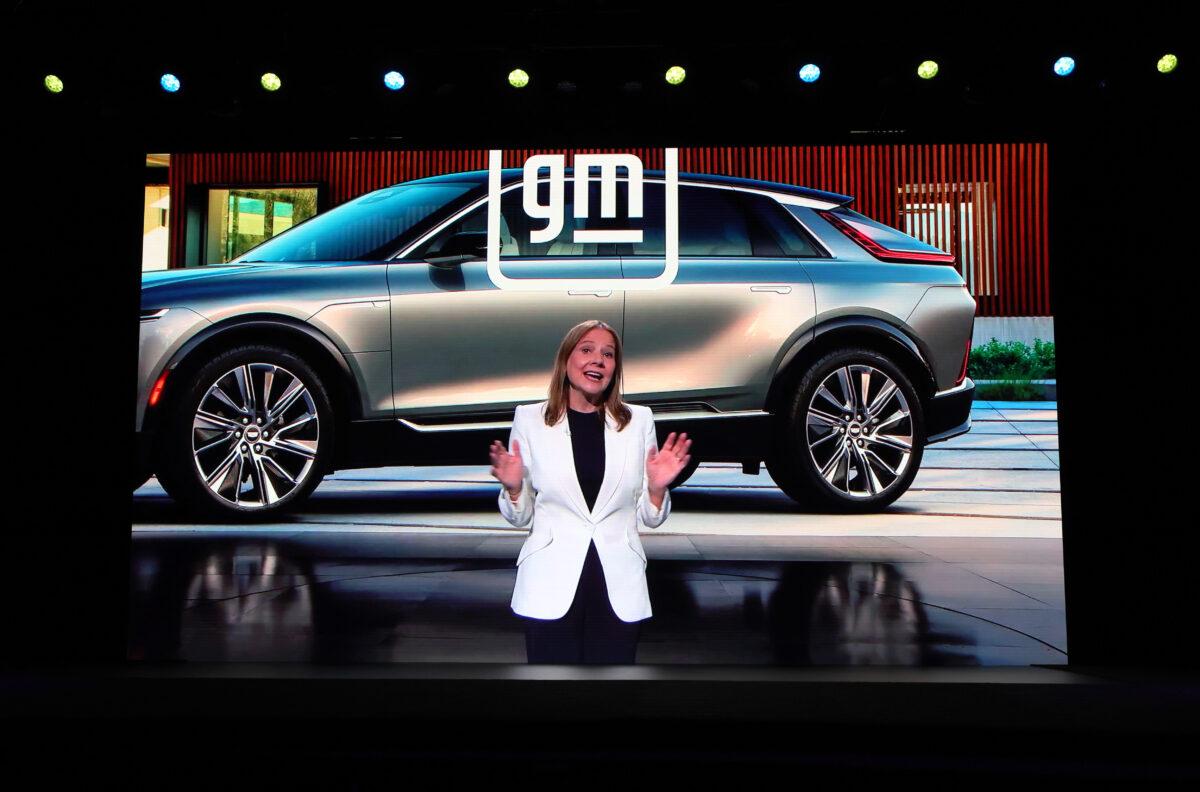 General Motors Chair and CEO Mary Barra is shown as her recorded keynote address is delivered digitally at CES 2022 at The Venetian Las Vegas on Jan. 5, 2022. (Ethan Miller/Getty Images)