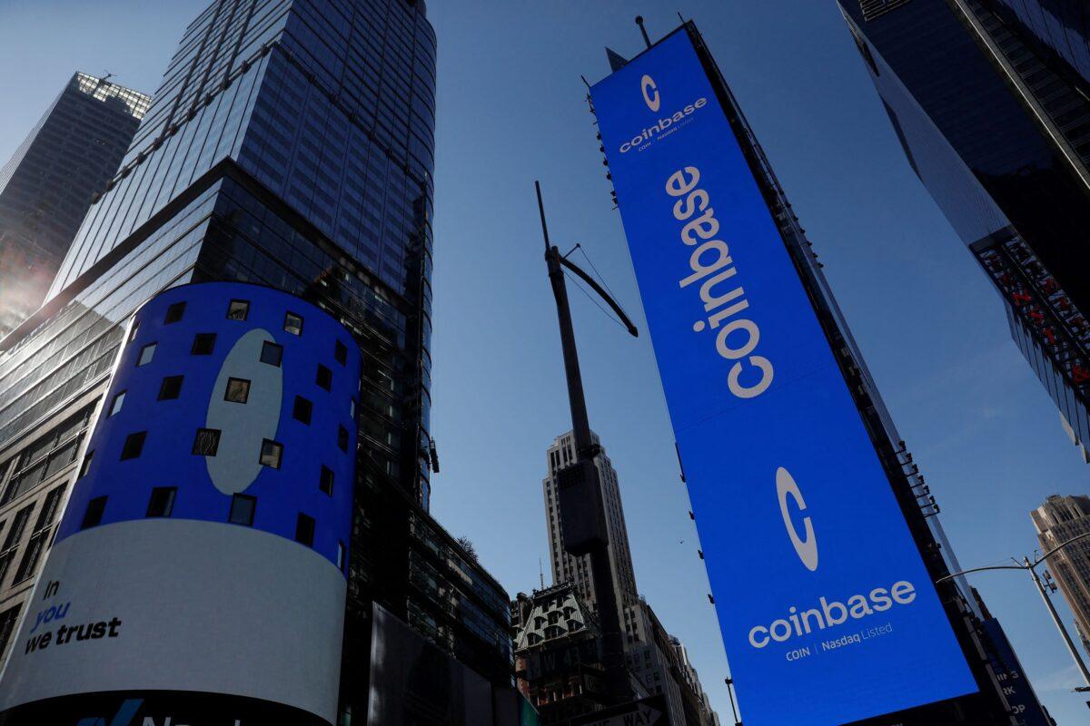 The Coinbase logo is displayed in Times Square, New York City, on April 14, 2021. (Shannon Stapleton/Reuters)