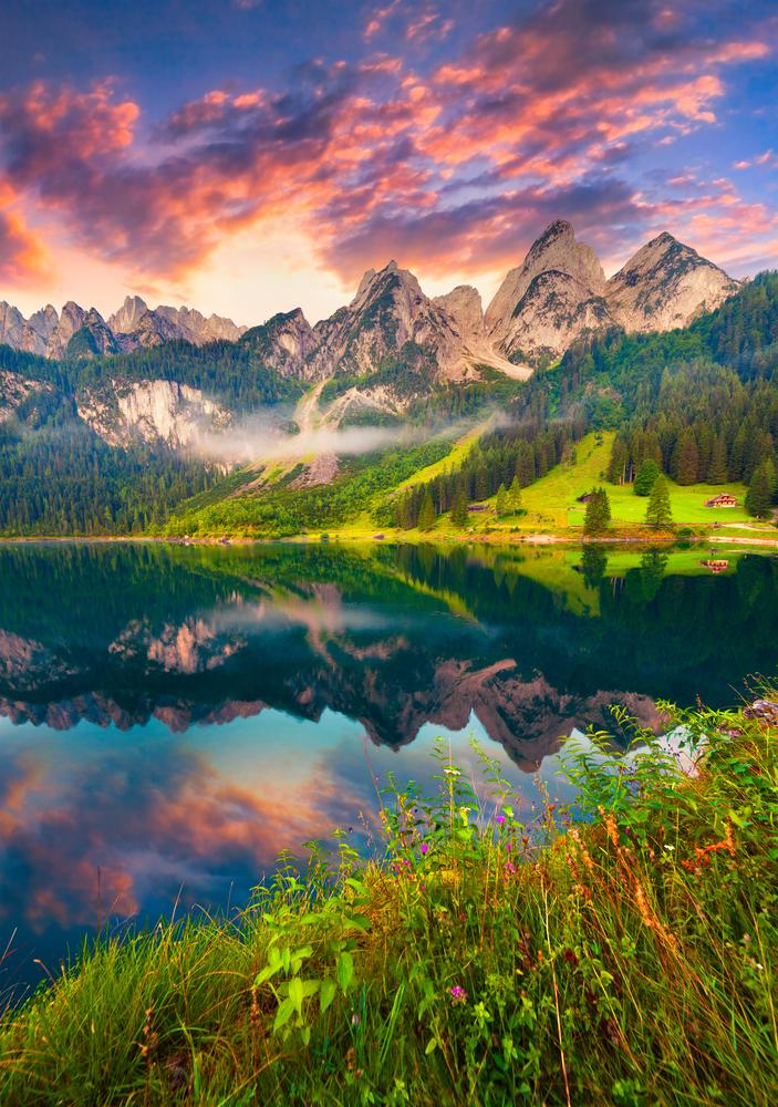 Colorful Summer Sunrise on the Vorderer Gosausee Lake in the Austrian Alps