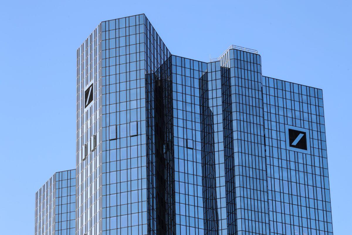 The logo of Deutsche Bank on its headquarters in Frankfurt, Germany, on Feb. 4, 2021. (Armando Babani/AFP via Getty Images)
