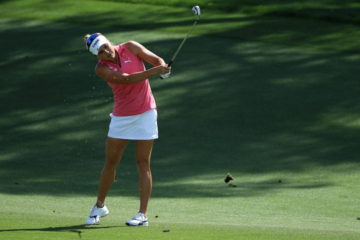 Lexi Thompson of the United States hits from the fairway on the seventh hole during the third round of The Chevron Championship at The Westin Mission Hills Golf Resort & Spa, in Rancho Mirage, Calif., on April 2, 2022. (Katelyn Mulcahy/Getty Images)