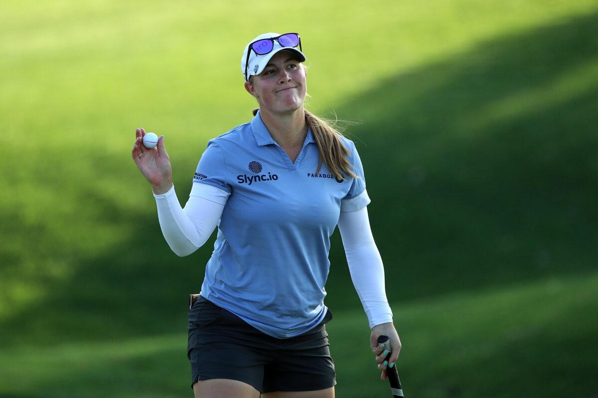 Jennifer Kupcho reacts to a birdie on the 17th hole during the third round of The Chevron Championship at The Westin Mission Hills Golf Resort & Spa, in Rancho Mirage, Calif., on April 2, 2022. (Katelyn Mulcahy/Getty Images)