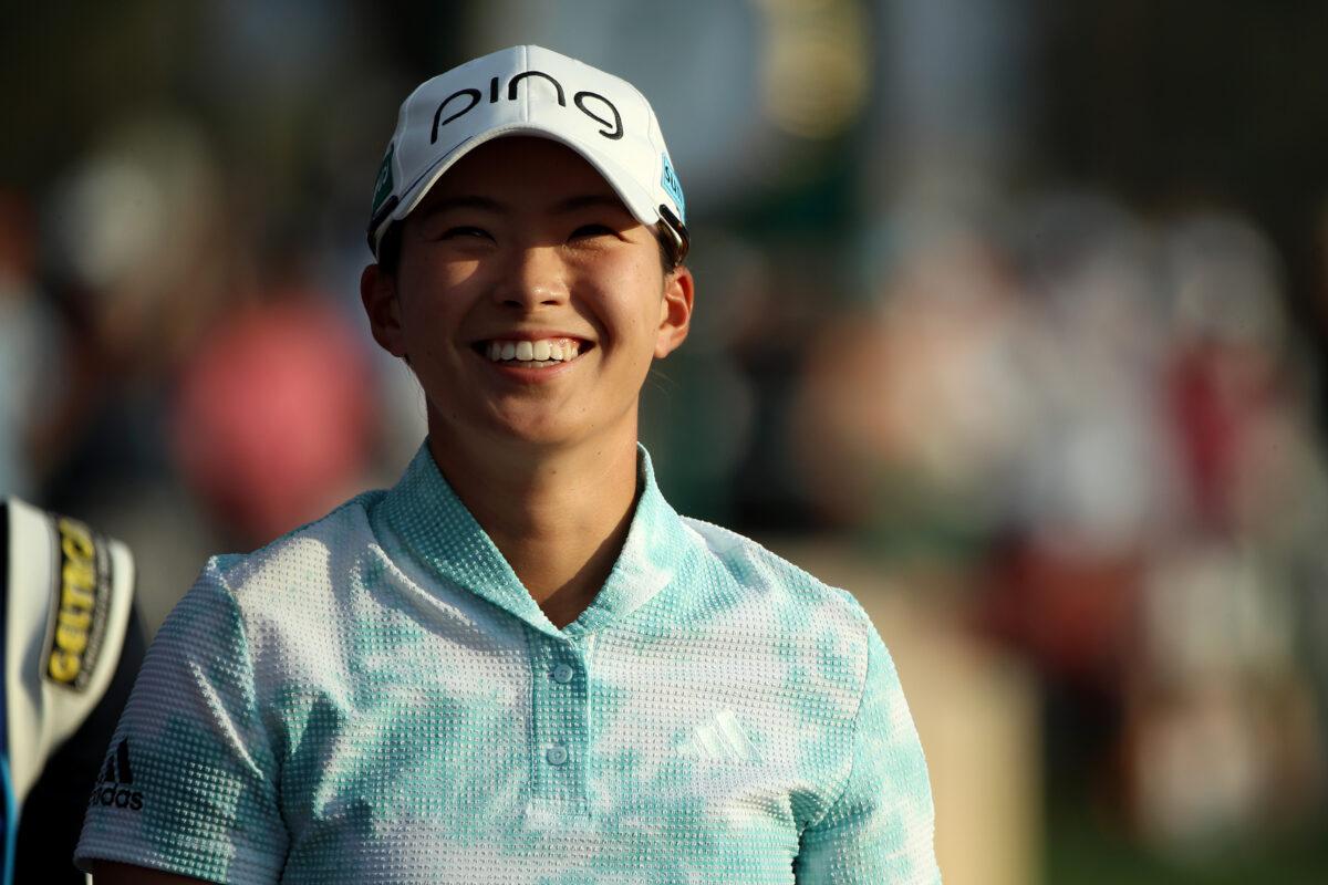 Hinako Shibuno of Japan walks on the 18th hole during the third round of The Chevron Championship at The Westin Mission Hills Golf Resort & Spa in Rancho Mirage, Calif., on April 2, 2022. (Katelyn Mulcahy/Getty Images)