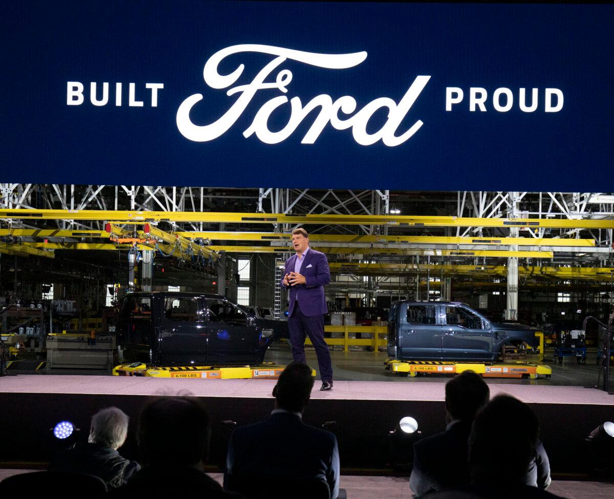 Ford CEO Jim Farley speaks at the launch of the electric Ford F-150 Lightning pickup at the Ford Rouge Electric Vehicle Center in Dearborn, Mich., on April 26, 2022. (Bill Pugliano/Getty Images)