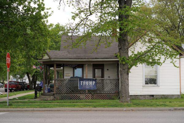 A Trump 2024 flag is seen hanging outside a house in rural Seymour in southern Indiana on May 3, 2022. (Cara Ding/The Epoch Times)