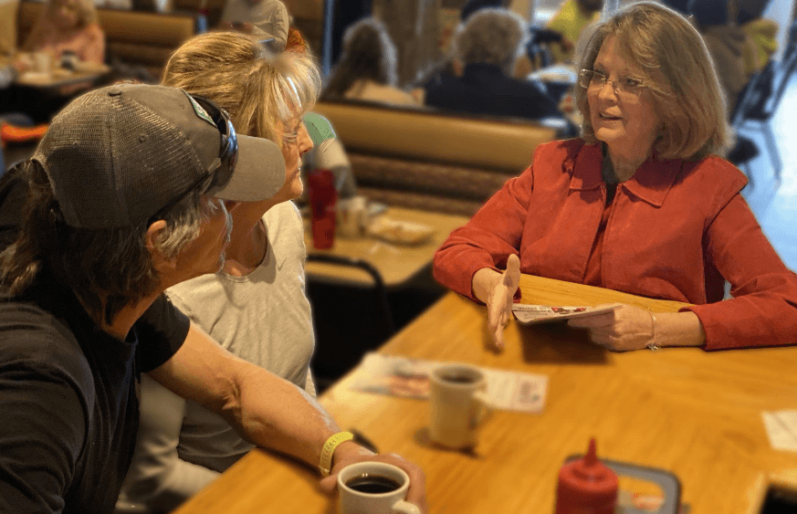 Former state Sen. Barbara Kirkmeyer is appealing to Republican gubernatorial primary voters in 2026 by touting a legislative record that includes 17 bills she sponsored being adopted since her 2020 election. Above, Kirkmeyer speaks with voters while running for Congress in 2024. (Courtesy of Kirkmeyer for Colorado)