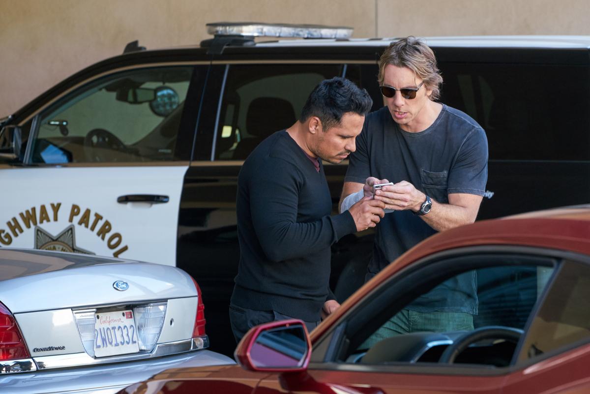 Ponch (Michael Peña, L) and Jon (Dax Shepard) in Warner Bros. Pictures' action comedy "CHIPS." (Peter Iovino/Warner Bros. Entertainment Inc./Ratpac-Dune Entertainment LLC)