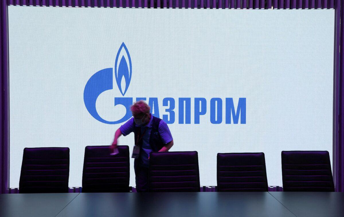 A screen with the logo of Gazprom at the St. Petersburg International Economic Forum (SPIEF) in Saint Petersburg, Russia, on June 17, 2022. (Anton Vaganov/Reuters)