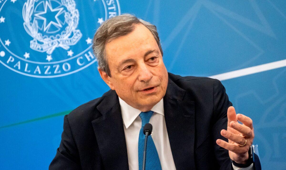 Former Italian Premier Mario Draghi meets the media in Rome on July 12, 2022. (Mauro Scrobogna/LaPresse via AP)