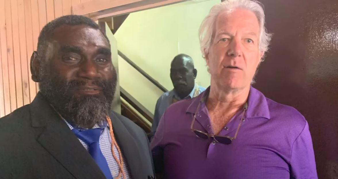 Ishmael Toroama, president of Bougainville (L) photographed with Panguna Mine investor John D Kuhns, director of Numa Numa Resources. (Courtesy of John D Kuhns.)