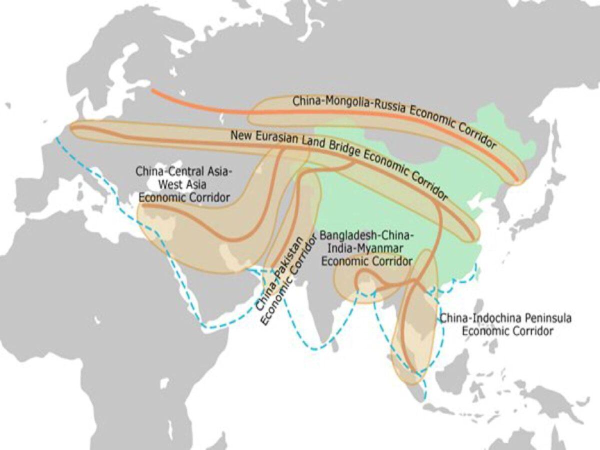 The economic corridors of the Belt and Road Initiative. The project linksChina with the Persian Gulf and the Mediterranean Sea through Asia. (HKTDC government website)