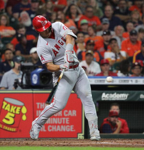 Mike Trout (27) of the Los Angeles Angels hits a three run home run in the second inning against the Houston Astros at Minute Maid Park in Houston, on Sept. 10, 2022. (Bob Levey/Getty Images)