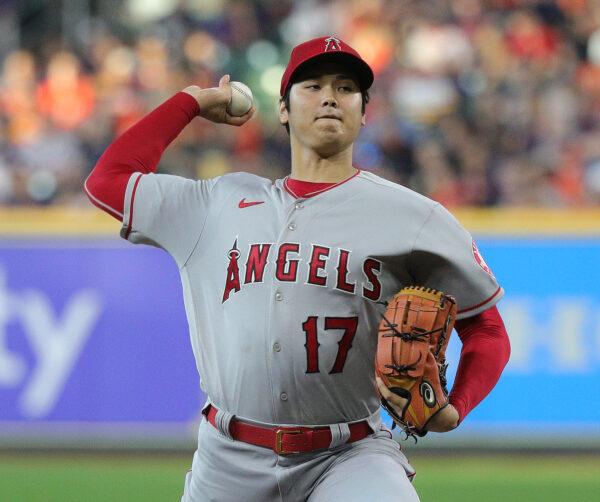 Shohei Ohtani of the Los Angeles Angels pitches in the first inning against the Houston Astros at Minute Maid Park in Houston, on Sept. 10, 2022. (Bob Levey/Getty Images)