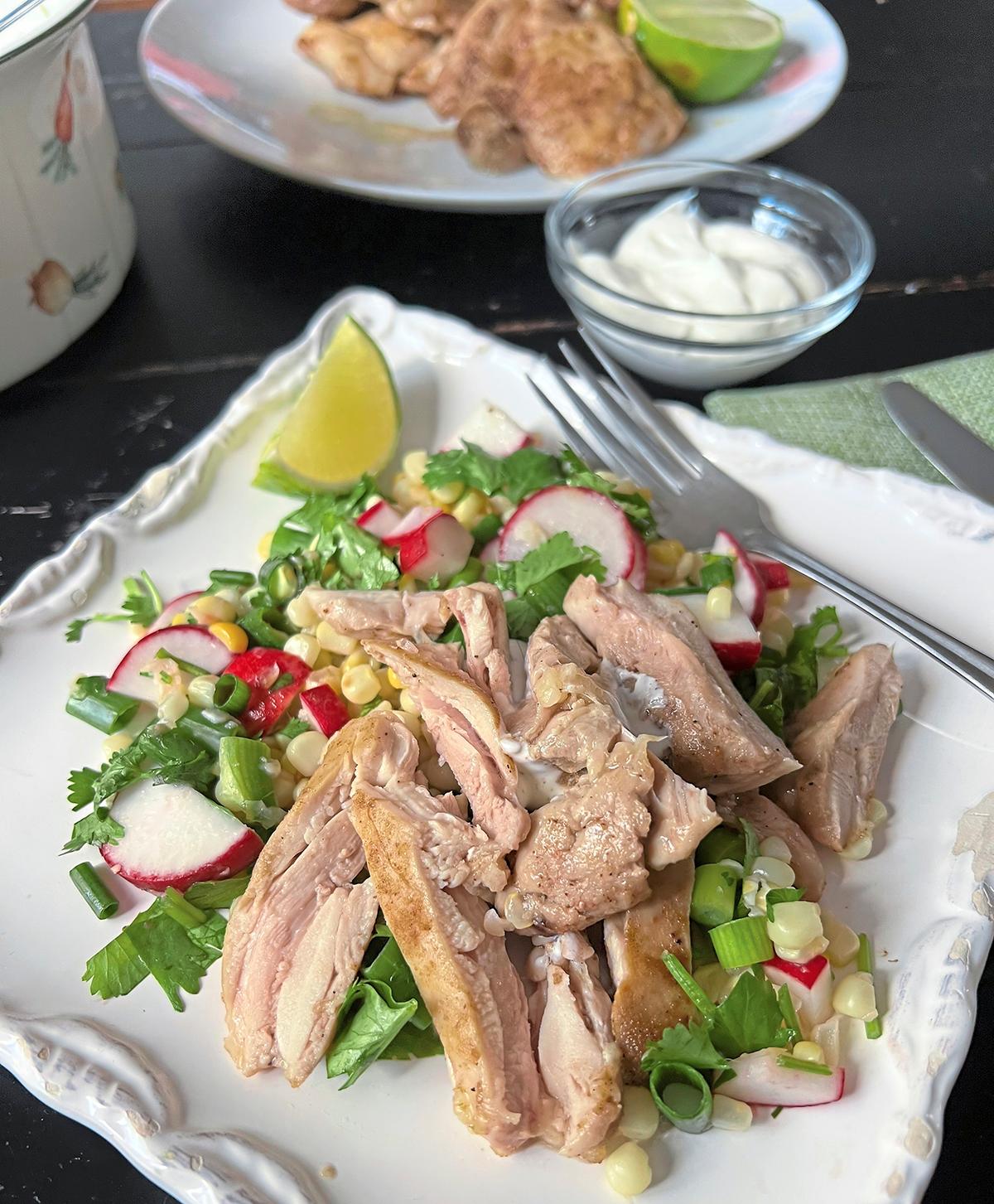 Corn Salad With Garlic Chicken, Cayenne and Lime