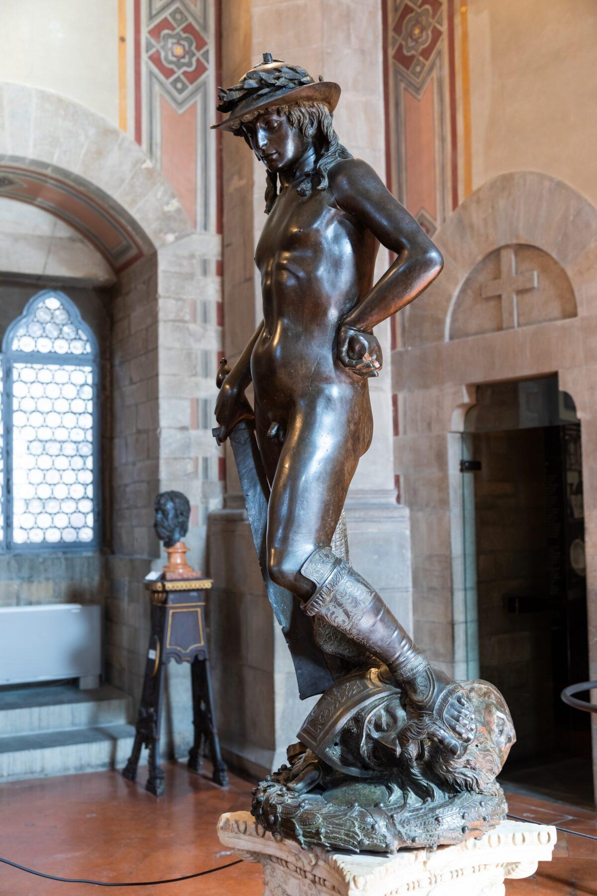 "David Victorious," circa 1435–40, by Donatello. Partly gilded bronze; 61 inches by 25 5/8 inches by 23 5/8 inches. The statue is one of the masterpieces in "Donatello: The Renaissance," an exhibition at the Palazzo Strozzi and the Museo Nazionale del Bargello in Florence, Italy.