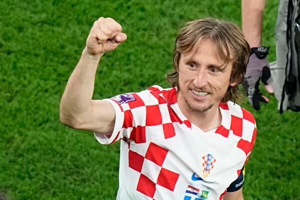 Croatia's Luka Modric celebrates after the World Cup quarterfinal soccer match between Croatia and Brazil, at the Education City Stadium in Al Rayyan, Qatar on Dec. 9, 2022. (Pavel Golovkin/AP Photo)<br/><br/>
