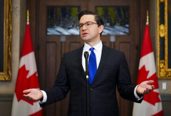 Conservative Party Leader Pierre Poilievre holds a press conference in the foyer of the House of Commons on Parliament Hill in Ottawa on Jan. 25, 2023.(The Canadian Press/Sean Kilpatrick)