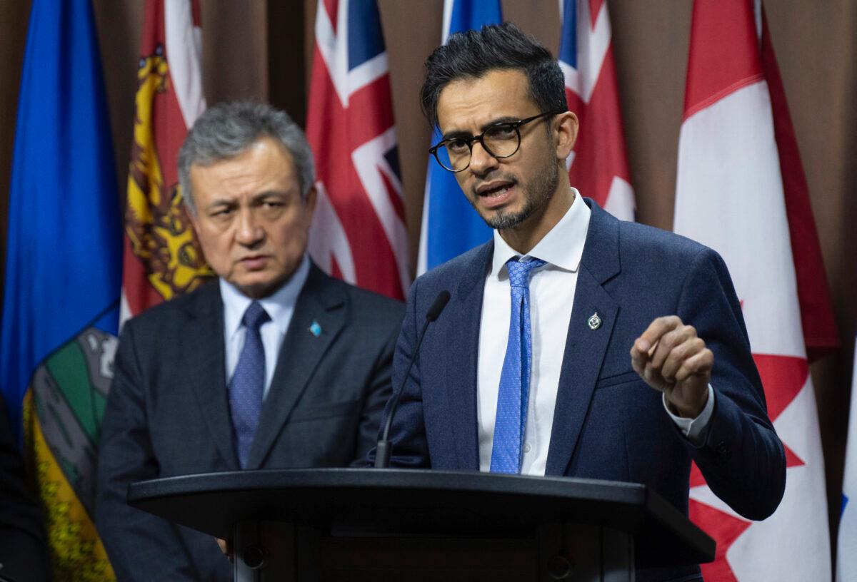 Liberal MP Sameer Zuberi (R) speaks during a news conference in Ottawa on Feb. 1, 2023 in Ottawa. (The Canadian Press/Adrian Wyld)