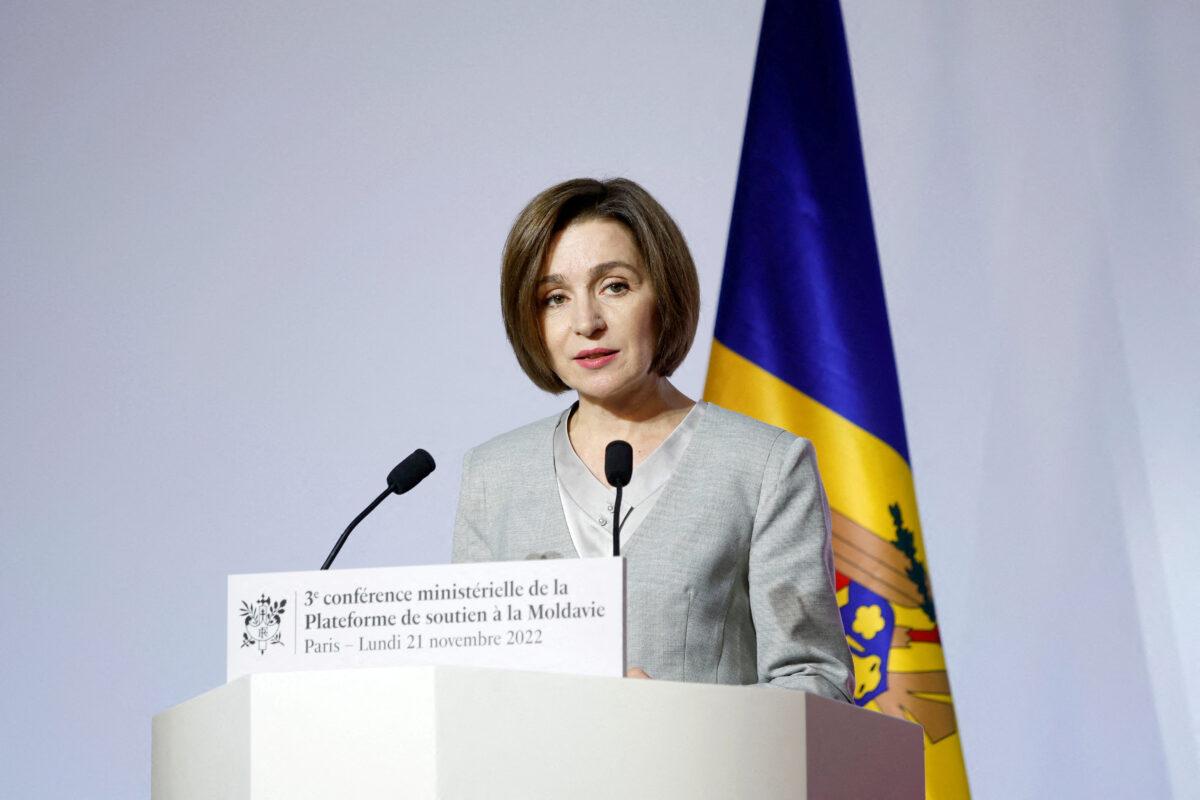 Moldovan President Maia Sandu speaks during the third ministerial conference of the Moldova Support Platform at the Ministerial Conference Centre in Paris, France, on Nov. 21, 2022. (Yoan Valat/Reuters)