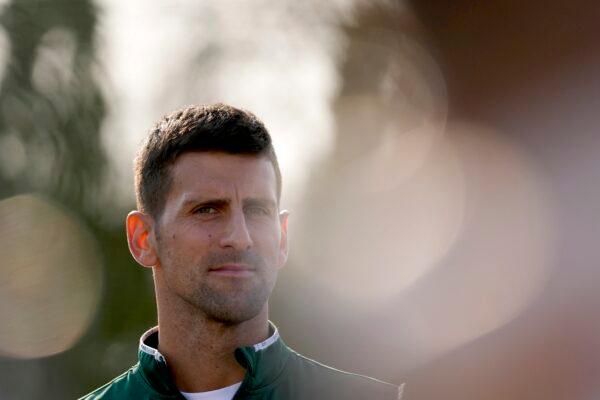 Serbian tennis player Novak Djokovic listens to a question during a press conference after his open practice session in Belgrade, Serbia, on Feb. 22, 2023. (Darko Vojinovic/AP Photo)