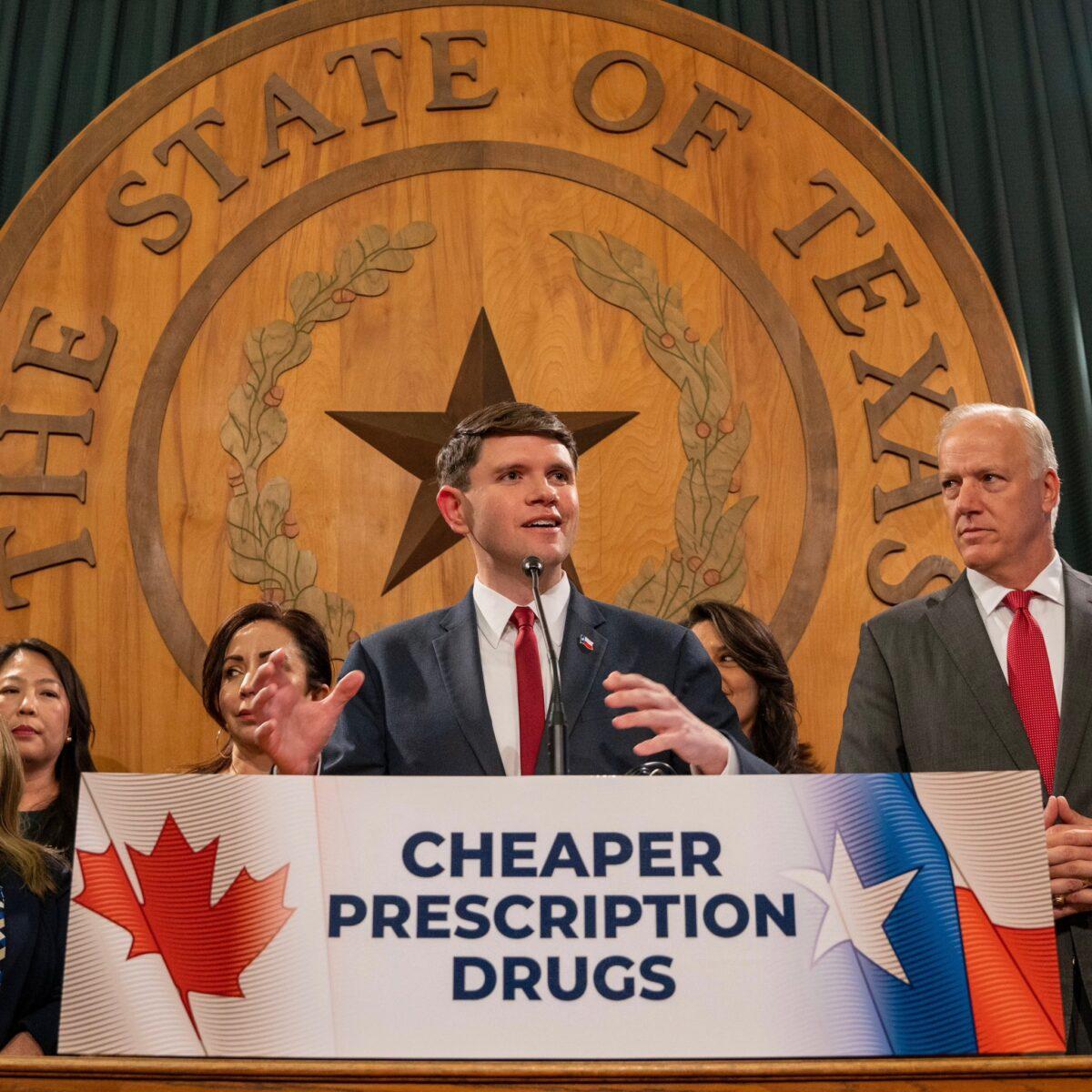 Texas state Rep. James Talarico (D) discusses his bill to allow pharmacies to import prescription drugs from Canada on April 12, 2023. (Courtesy of Office of James Talarico)