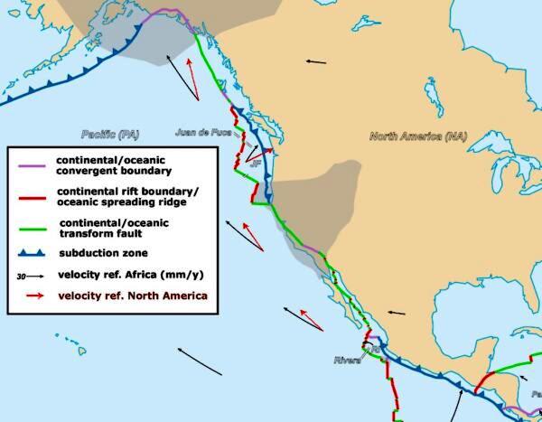 Detailed map showing the tectonic plates in the north Pacific with their movement vectors. (Professor Peter Bird/Leonard G/Eric Gaba/NGDC World Coast Line data/CC BY-SA 2.5 [https://creativecommons.org/licenses/by-sa/2.5] via Wikimedia Commons)