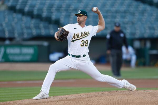 Kyle Muller (39) of the Oakland Athletics pitches in the top of the first inning against the Arizona Diamondbacks at RingCentral Coliseum in Oakland on May 16, 2023. (Lachlan Cunningham/Getty Images)